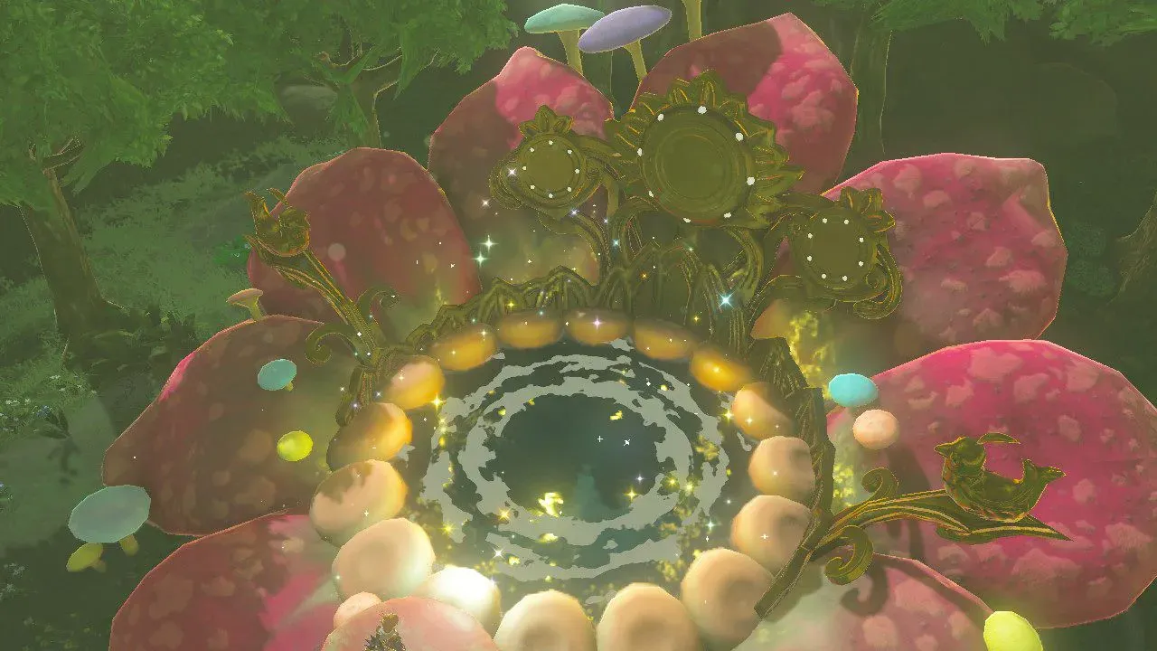 A Great Fairy Fountain in the forest, a huge pink flower bud