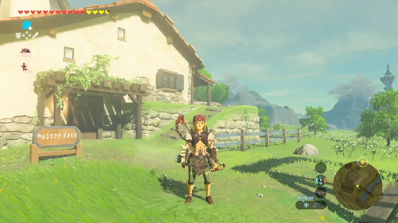 Link standing in front of his house in Hateno Village