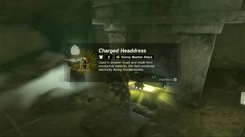 カズリュー川沿いの遺跡で雷光の頭飾りの宝箱を開ける様子