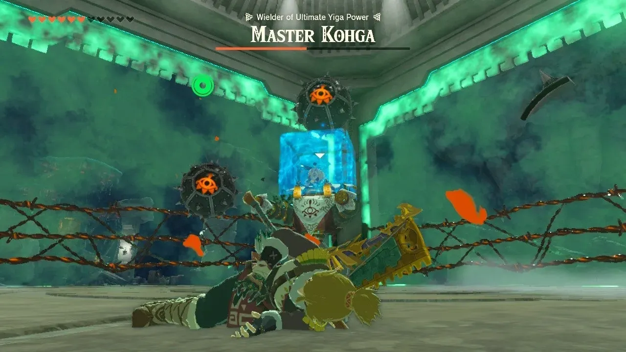 Master Kohga lying on the ground in front of the electric fence while Link swings a weapon at him