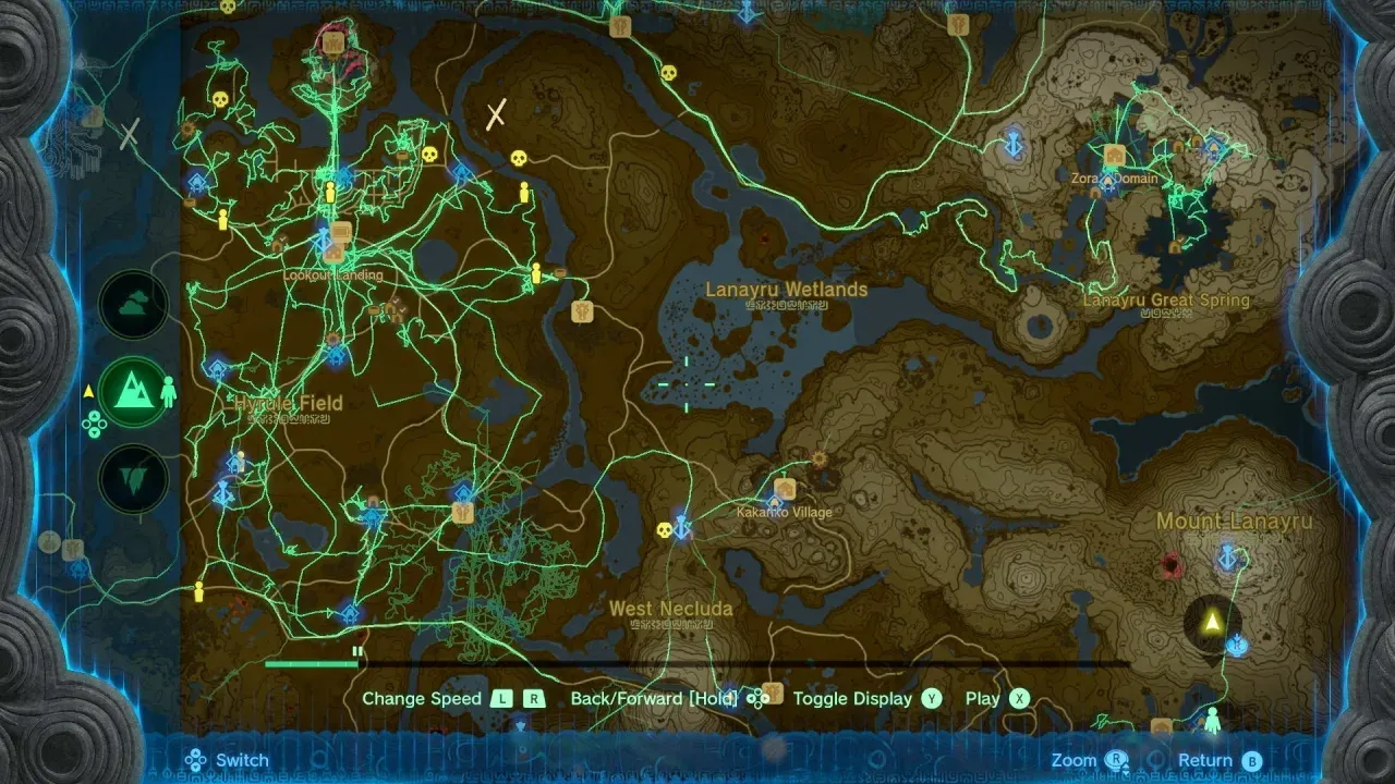 The map covered in green lines showing Link’s route in Hero’s Path Mode