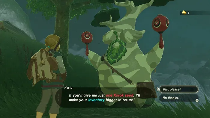 Hestu telling Link that one Korok seed will make his inventory bigger