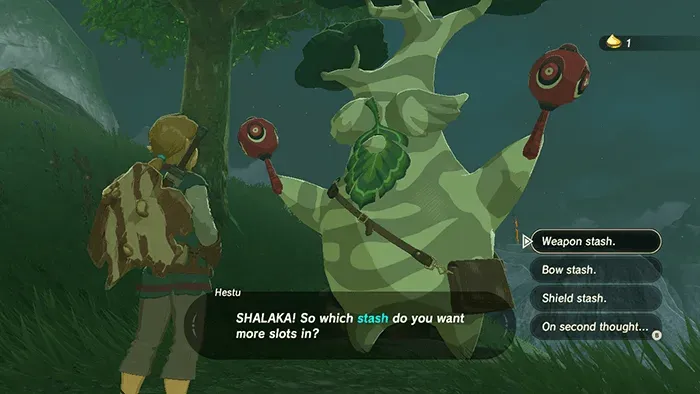 Hestu holding his maracas and asking which stash Link wants to expand