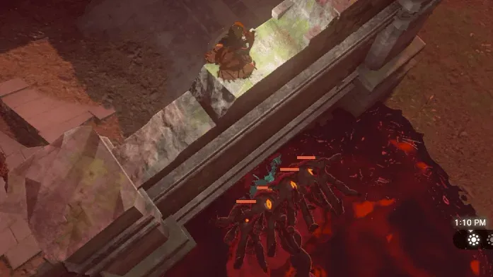 Link standing on top of a stone wall above a pool of Gloom where several Gloom Spawn hands with health bars gather below