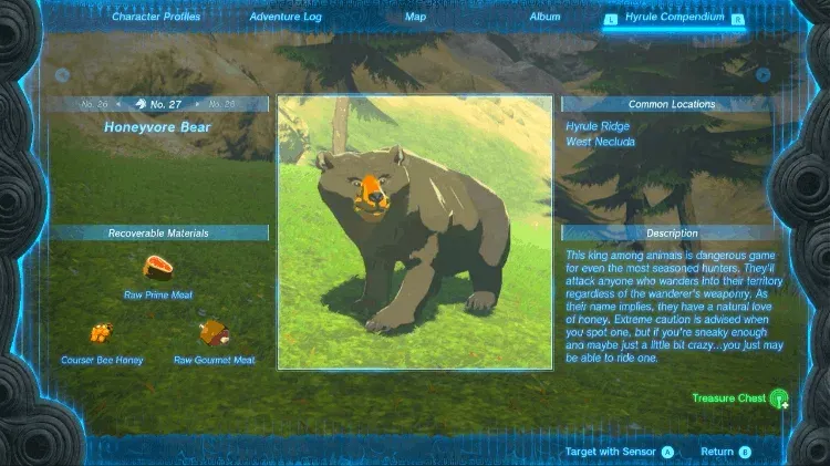 Hyrule Compendium entry for the Honeyvore Bear