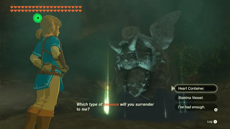 The Horned Statue asking which type of essence to surrender, with Heart Container and Stamina Vessel as choices