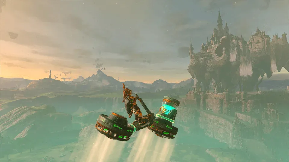 Link flying on a hover bike made of two fans and a steering stick