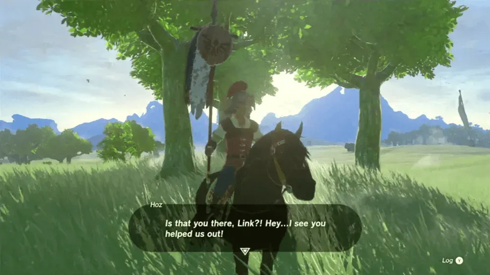 Hoz on horseback in Hyrule Field thanking Link
