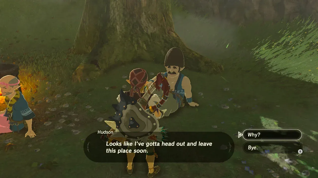 Link talking to Hudson, who sits on the ground under a tree in Hateno Village