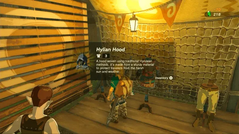 Link buying the Hylian Hood for 70 rupees in the Lookout Landing armor shop