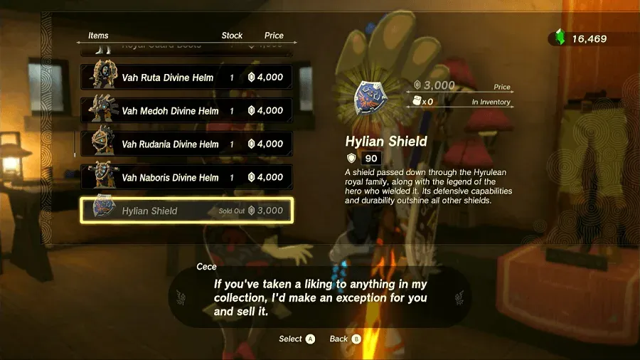 Cece's shop list with the Hylian Shield at 3,000 rupees, marked Sold Out