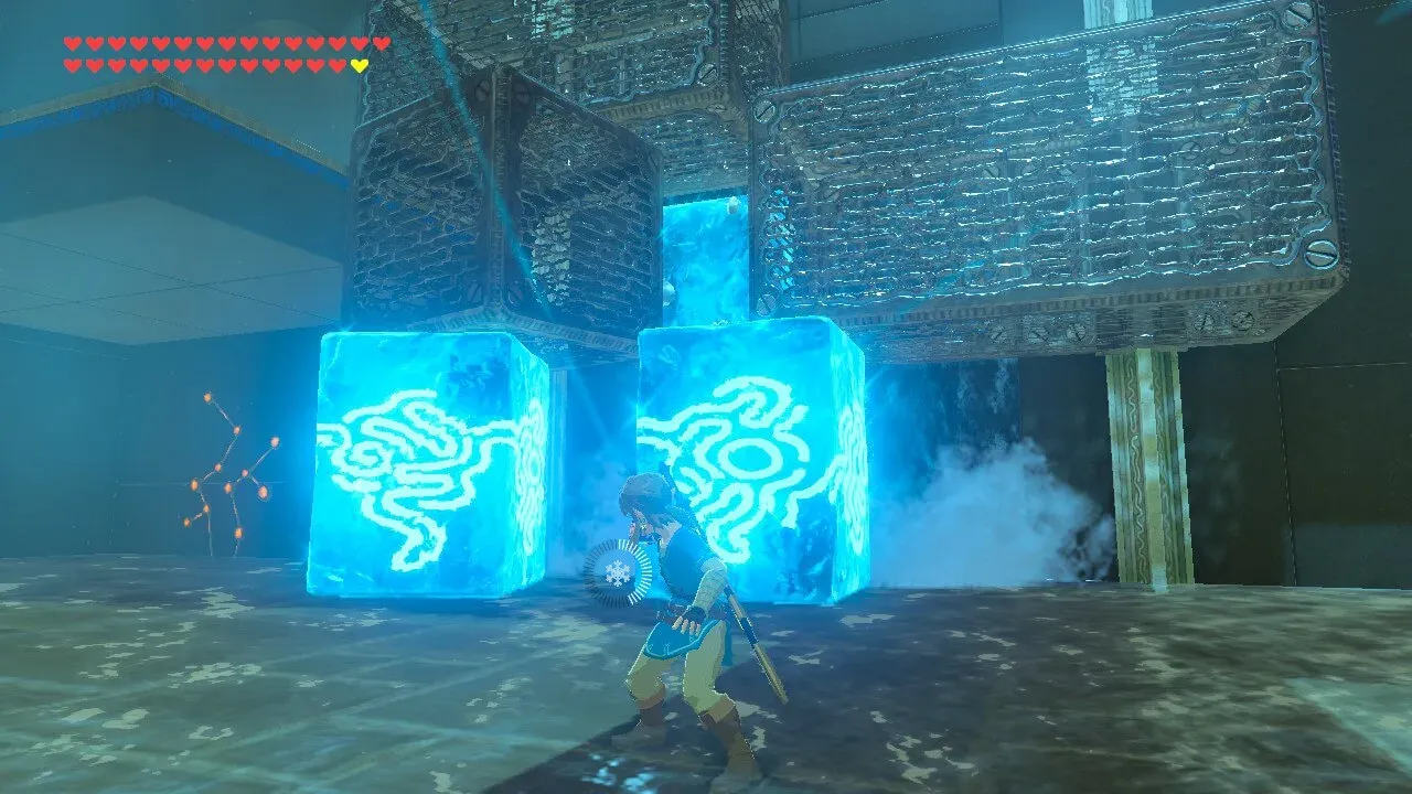 Ice supporting the raised left platform before the cube is moved