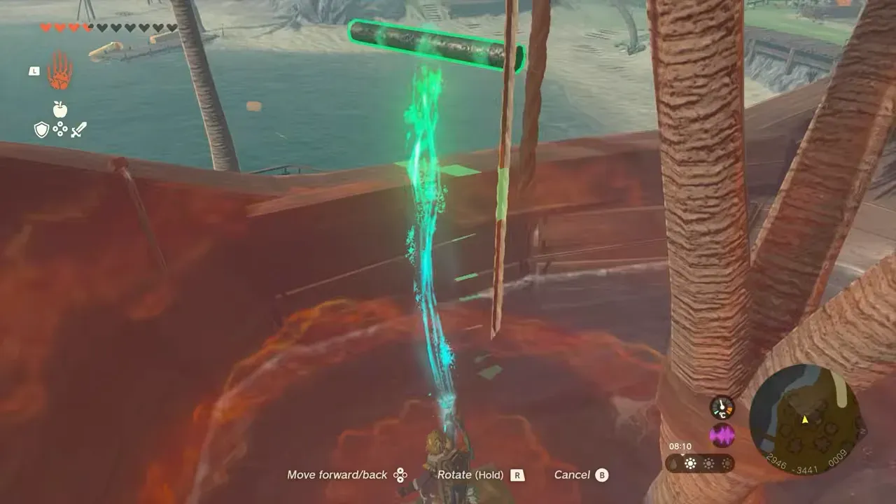 Link inside the ship-shaped inn, lifting a log over the hull with Ultrahand