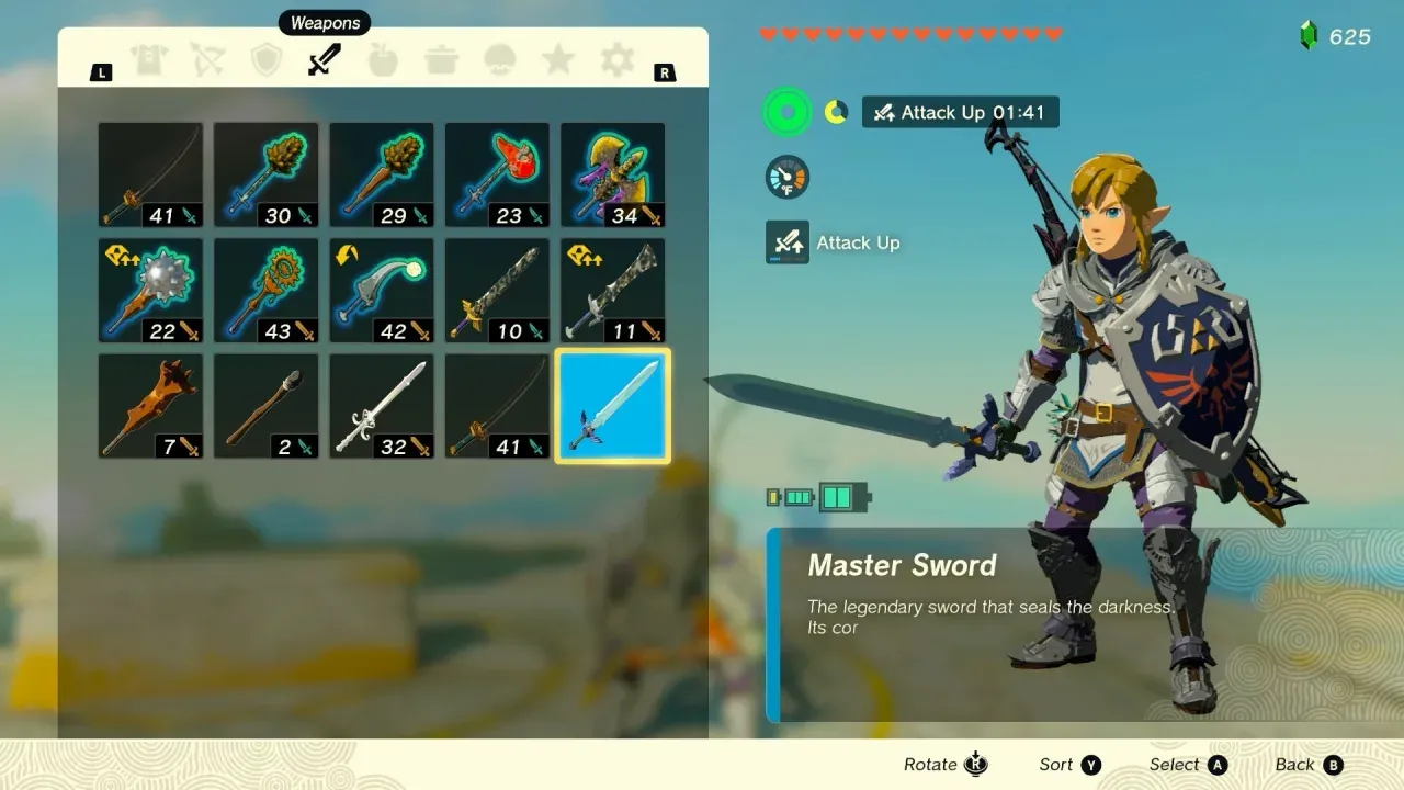 Weapons inventory with the Master Sword selected and no attack number on its icon