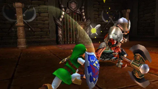 Young Link with the Hylian Shield on his back, dodging as an Iron Knuckle swings its huge axe in the Spirit Temple