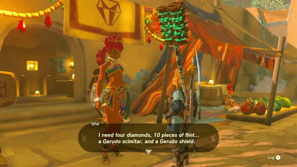 Isha in front of her shop telling Link she needs four diamonds, ten flint, a Gerudo scimitar and a Gerudo shield