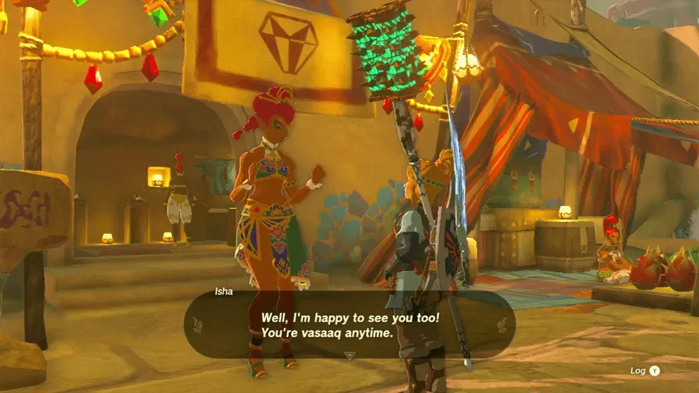 Isha, a tall Gerudo woman, talking with Link in front of her shop in Gerudo Town