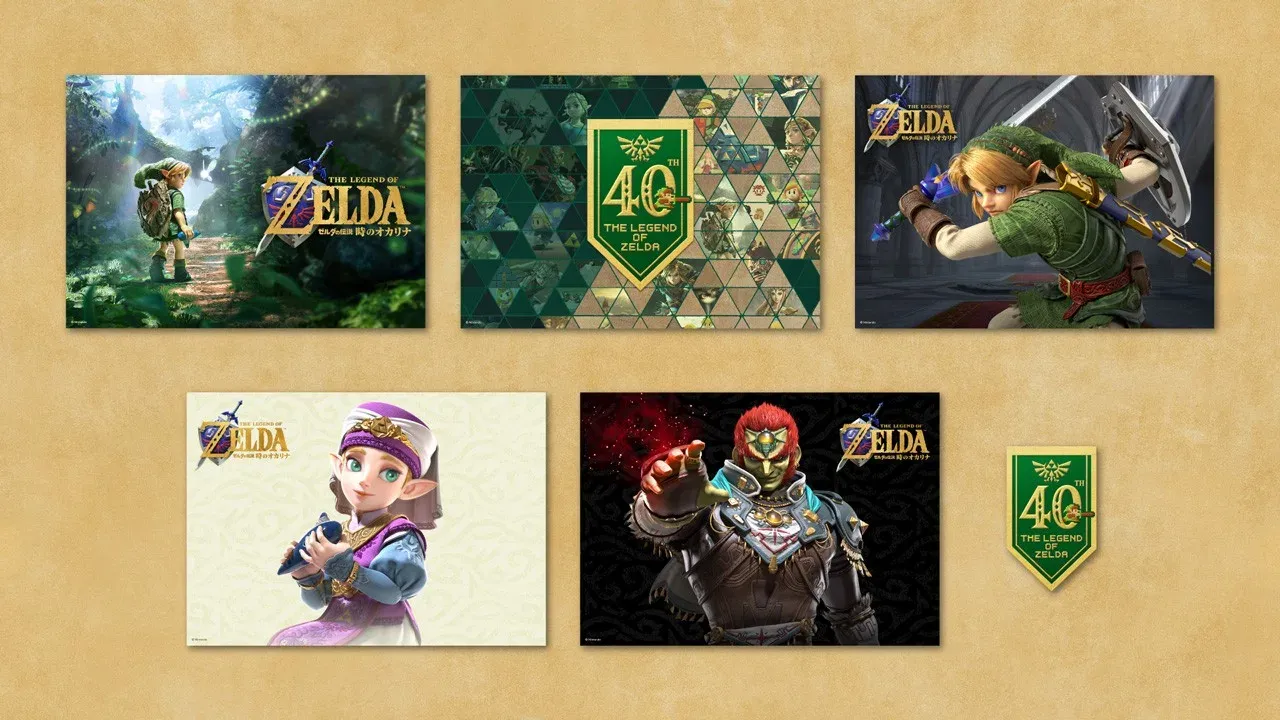 Five A5 art cards showing young Link, the 40th anniversary emblem, adult Link, Zelda and Ganondorf, plus a small 40th anniversary emblem piece