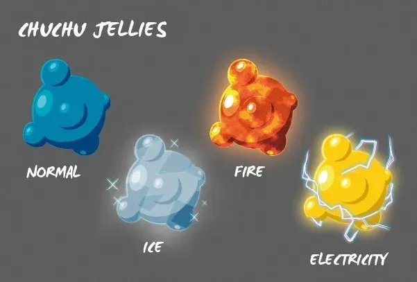 Concept art of four Chuchu Jellies: blue normal, pale ice, orange fire and yellow electric