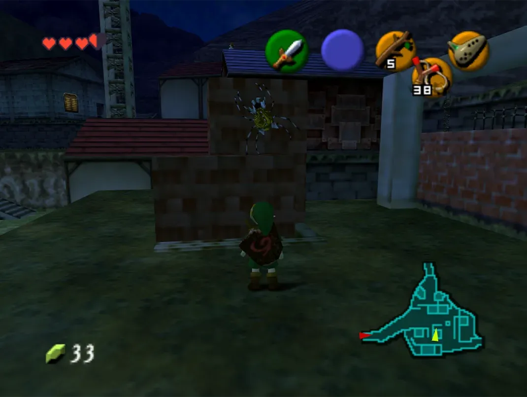 A Gold Skulltula on the house under construction in Kakariko Village at night, N64 version