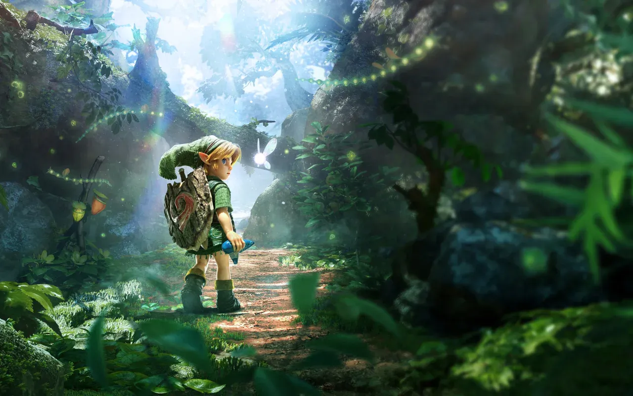 Young Link with an ocarina and a fairy on a forest path, key art for the Switch 2 remake