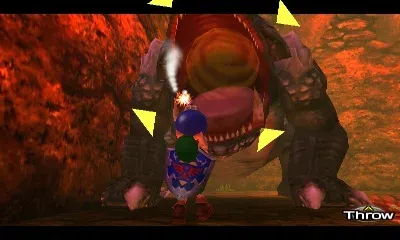 Link holding a bomb in front of King Dodongo as it opens its mouth, 3DS version
