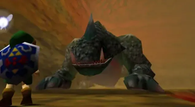 Young Link holding the Hylian Shield, facing King Dodongo across the arena floor in Dodongo's Cavern