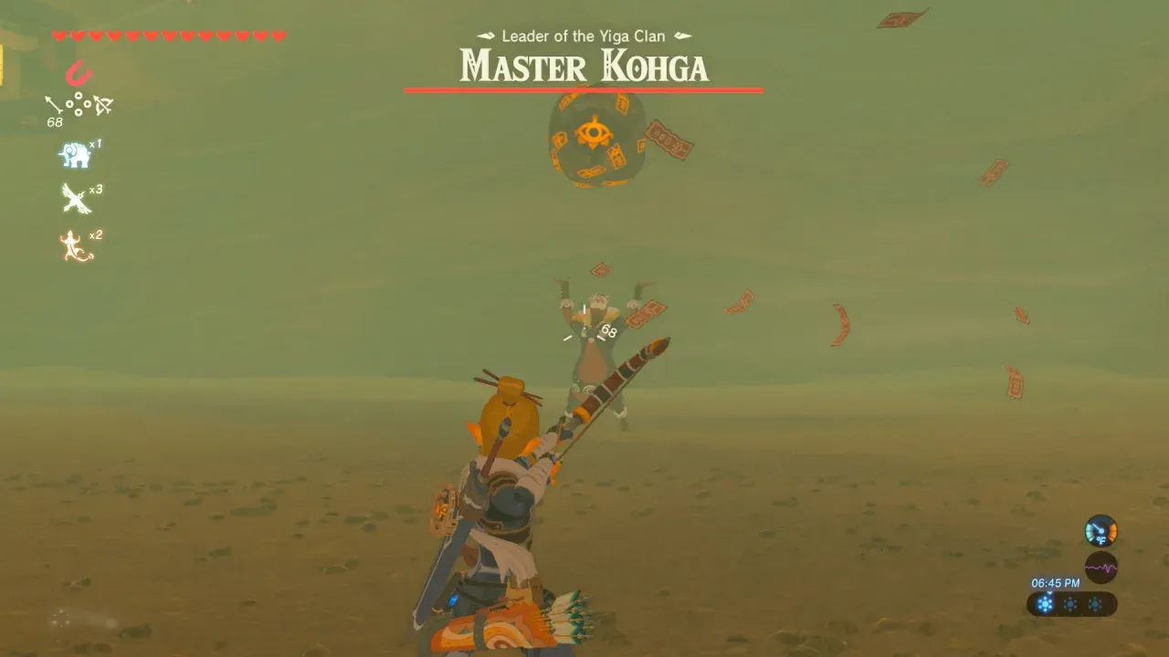 Link aiming a bow at Master Kohga, who holds a large boulder above his head, with the boss bar Leader of the Yiga Clan Master Kohga