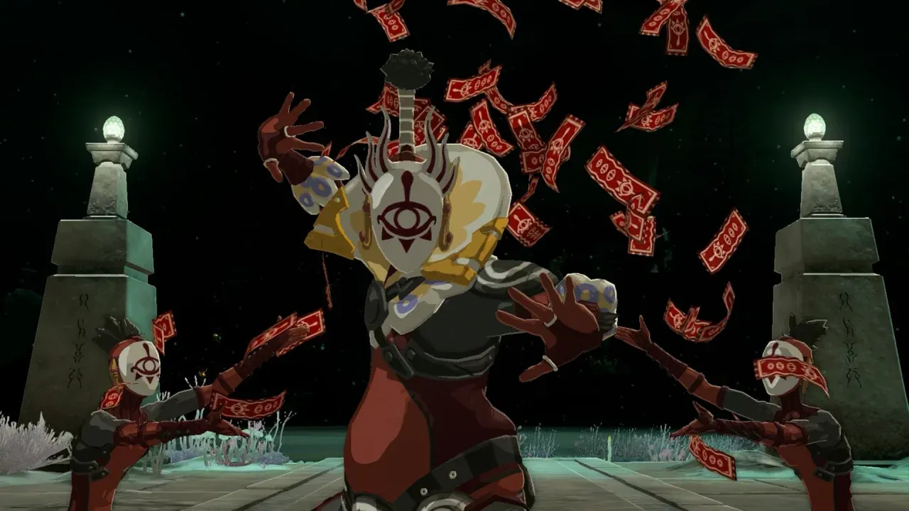 Master Kohga in his white mask and yellow collar posing as red talismans fly around him, with two Footsoldiers at his sides