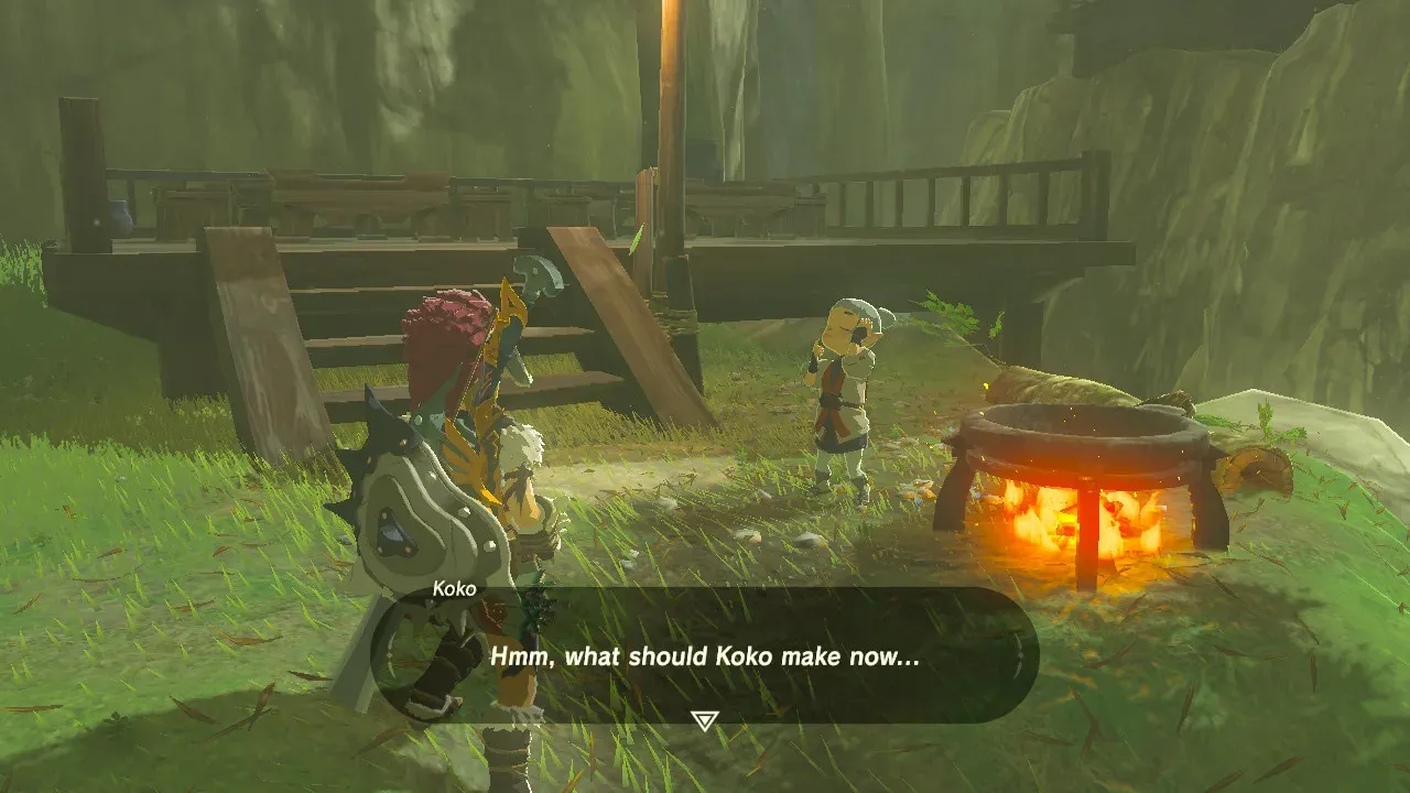 Koko standing by a cooking pot in Kakariko Village
