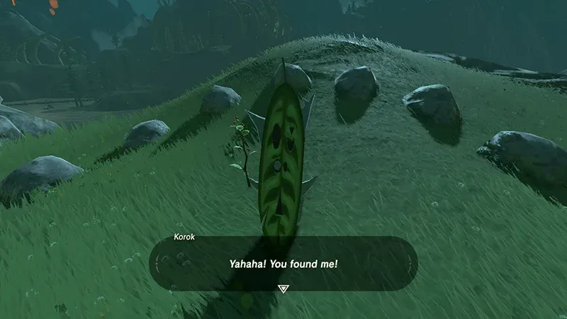 A Korok appearing on a grassy hill after its puzzle is solved