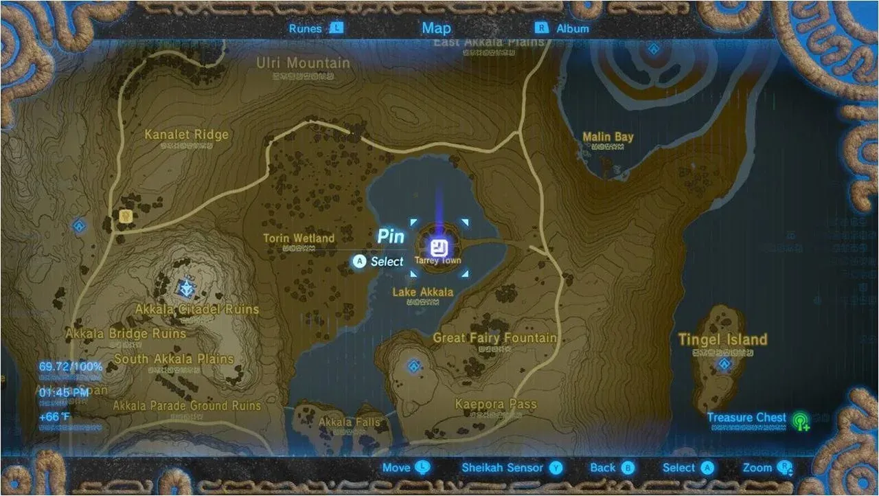 In-game map of Lake Akkala with Tarrey Town marked on the island in the middle and Torin Wetland to the west
