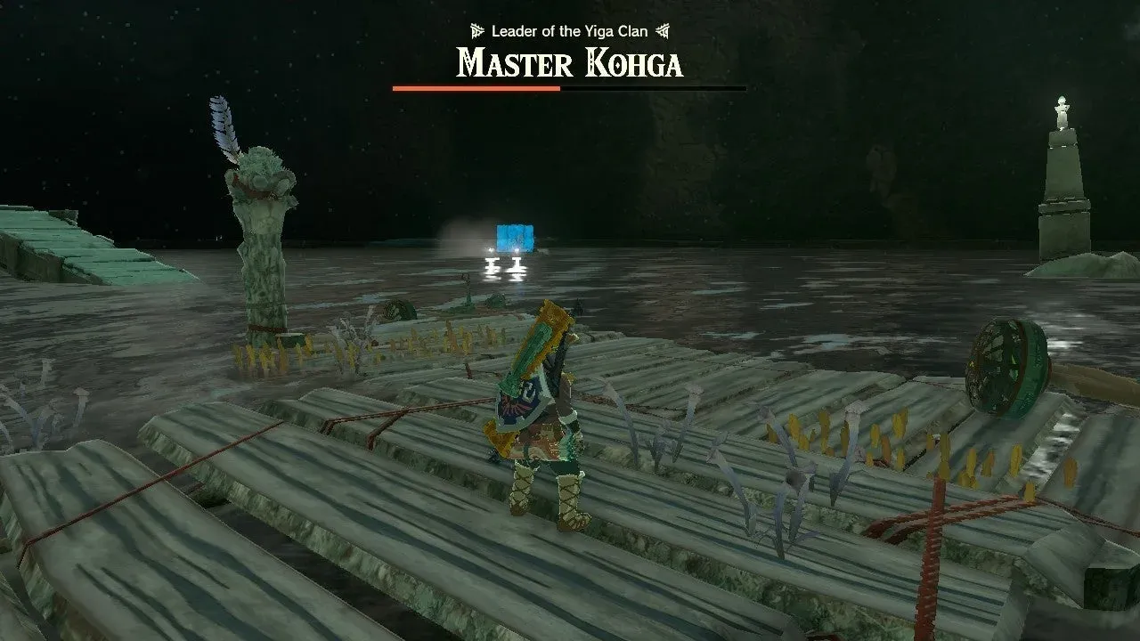 Link on a log raft in dark water, with Master Kohga's boat in the distance and his health bar at the top