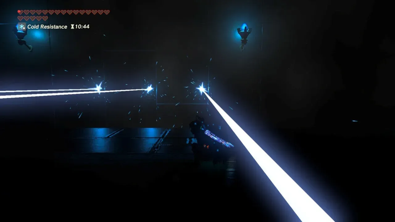 Horizontal laser beams crossing the dark corridor