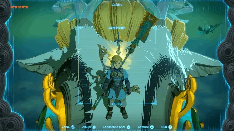 The Master Sword stuck in the Light Dragon's head, seen through the in-game camera