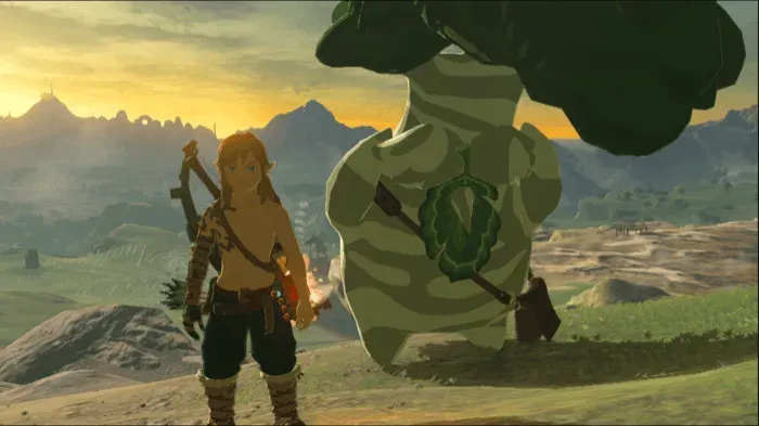 Link meeting Hestu on a slope below Lindor’s Brow at sunset