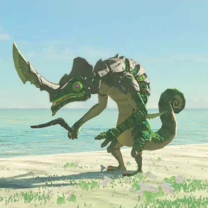 A green Lizalfos with a curved horn standing on a beach by the sea