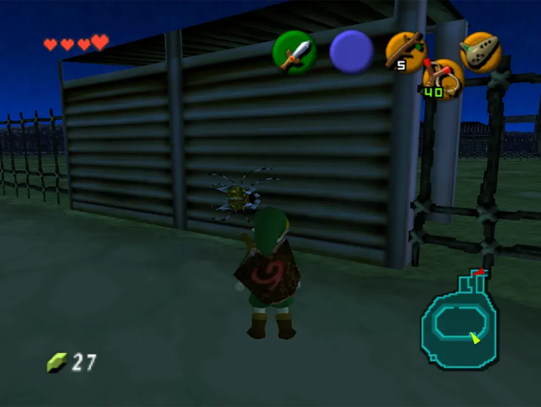 A Gold Skulltula on the rain shelter at Lon Lon Ranch at night, N64 version