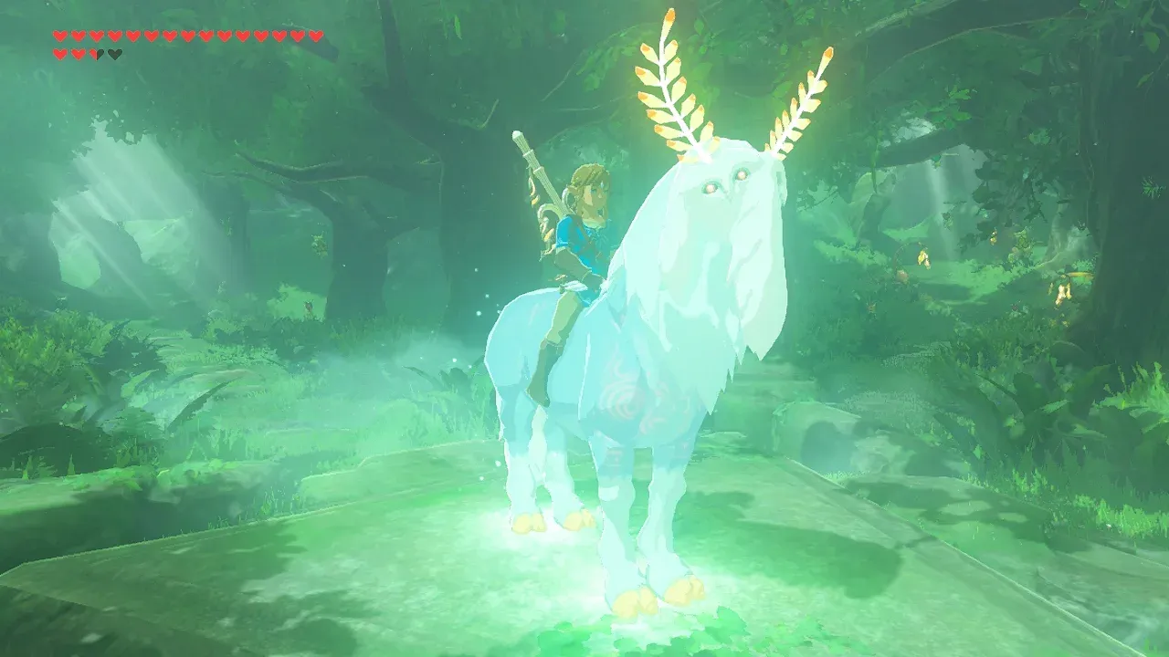 Link riding a glowing white horse with golden antlers