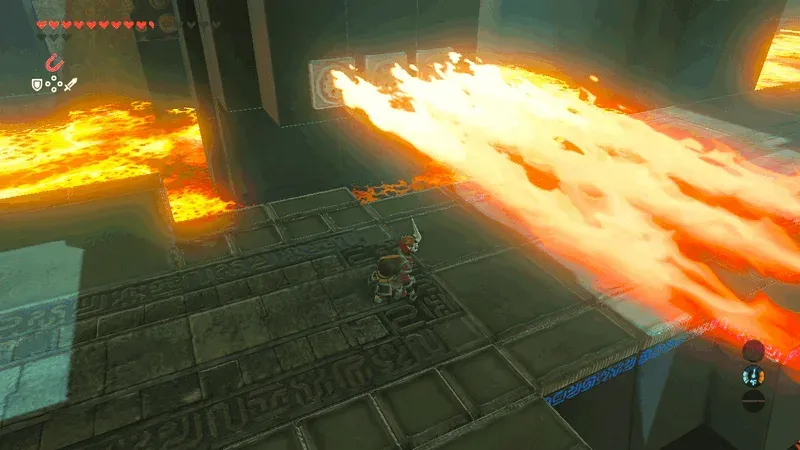 Link crouching beneath a horizontal flame jet