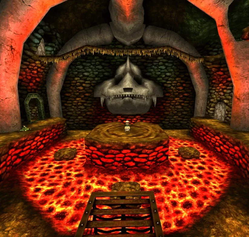 The main cavern of Dodongo's Cavern in the 3DS version, a platform in the lava below a giant skull