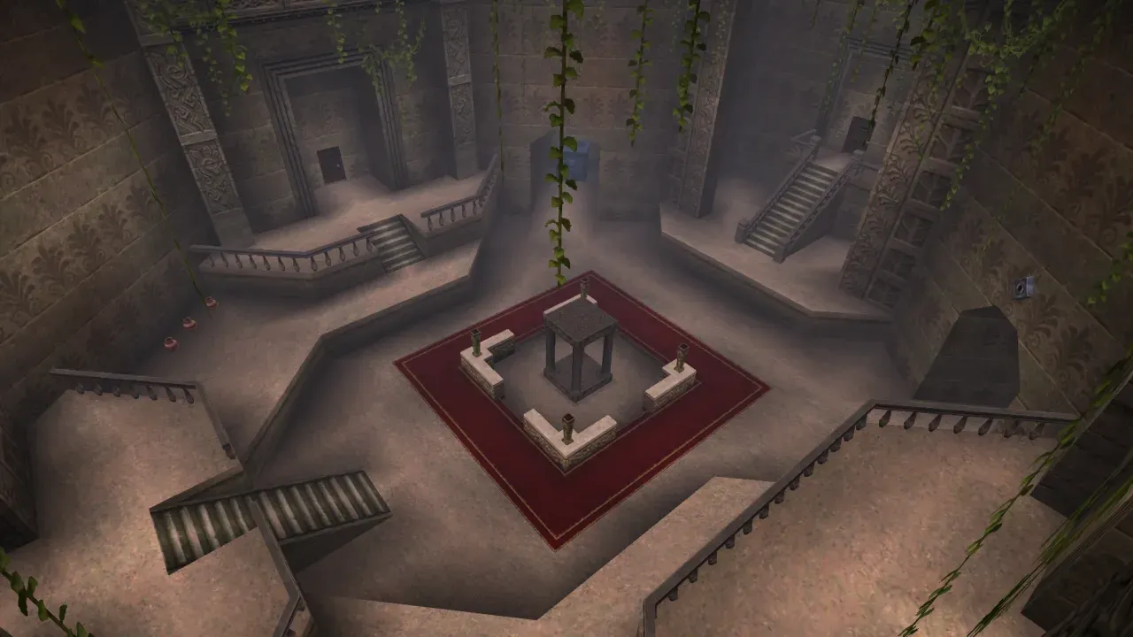 3DS version: the main hall of the Forest Temple, a platform on a red carpet in the middle and stairs leading to the rooms around it