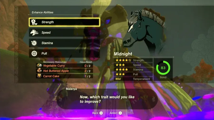 Malanya's menu for raising a horse's Strength, Speed, Stamina or Pull