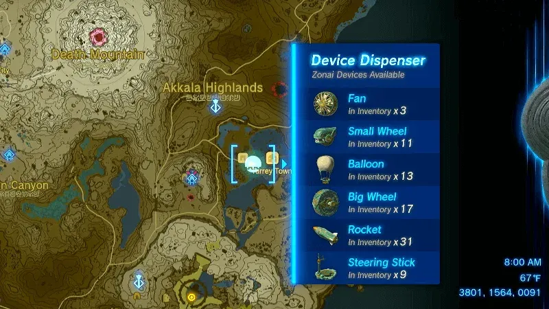 In-game map listing the devices of the Hudson Construction Site dispenser