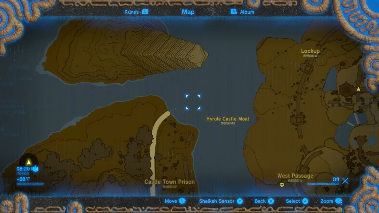 In-game map showing the Lockup, the West Passage, the Hyrule Castle Moat and the Castle Town Prison