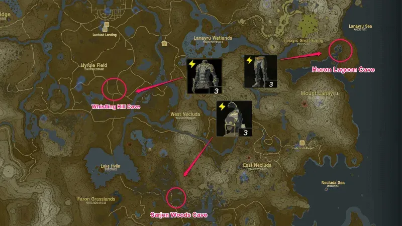ラバーシリーズの宝箱がある3つの洞窟を示したマップ