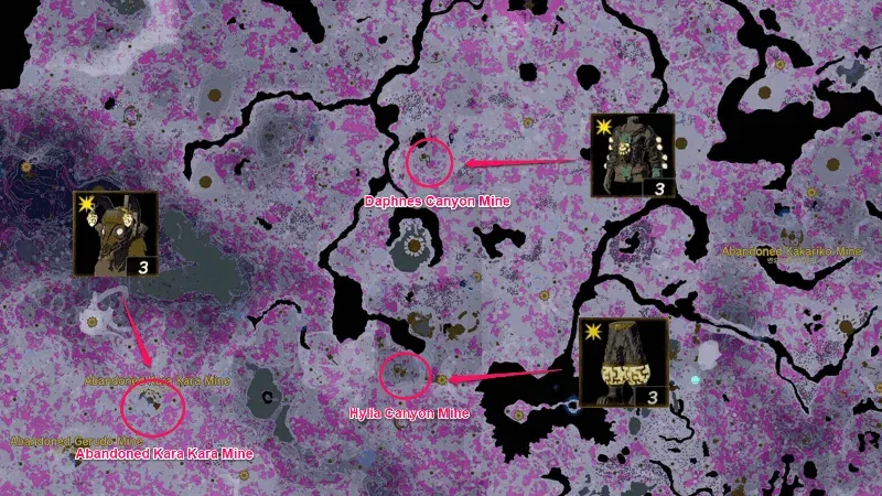 採掘シリーズの宝箱がある3つの採掘場を示した地底マップ
