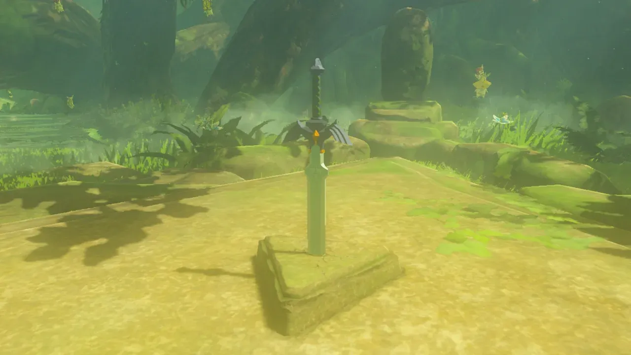 The Master Sword standing in its stone pedestal in Korok Forest