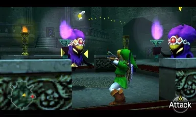 Link aiming his bow at Meg and her copies, 3DS version