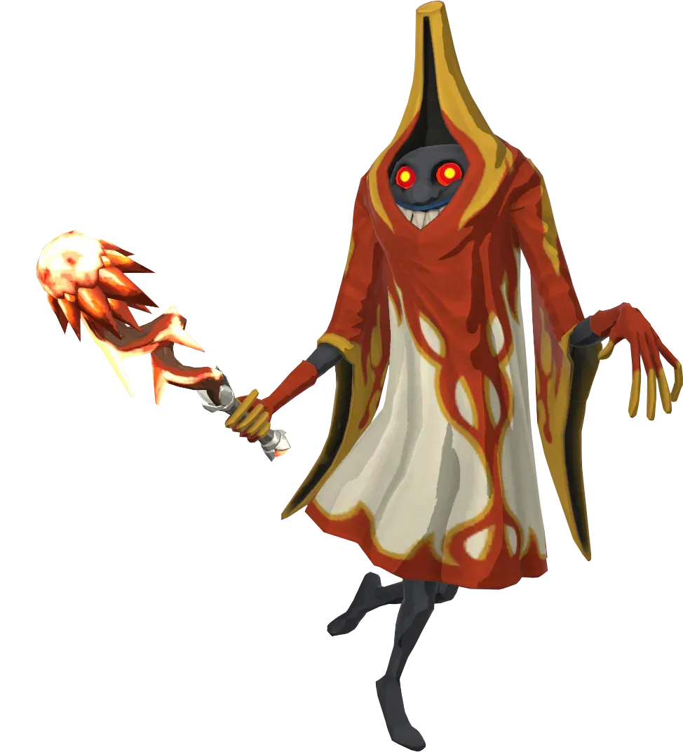 A Meteo Wizzrobe in a red and cream robe with a pointed yellow hood, holding a flaming Meteor Rod